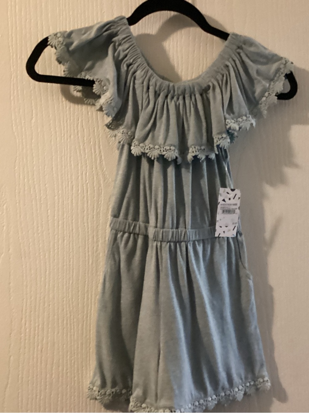 Harper Canyon Light Blue Off-Shoulder Crochet-Trim Romper